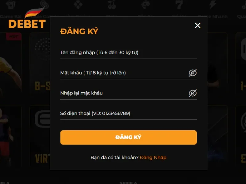 Chỉ tốn khoảng vài phút để đăng ký tài khoản cá cược quần vợt ở Debet