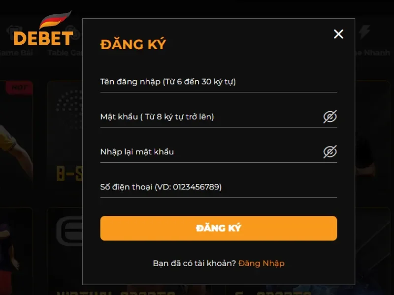 Đăng ký tài khoản hội viên trên nhà cái Debet