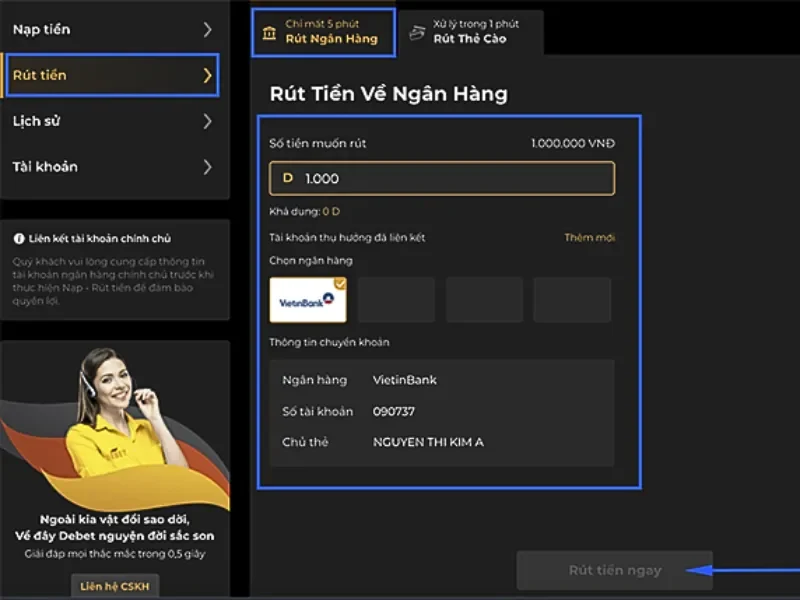 Giao diện màn hình rút tiền trên Debet